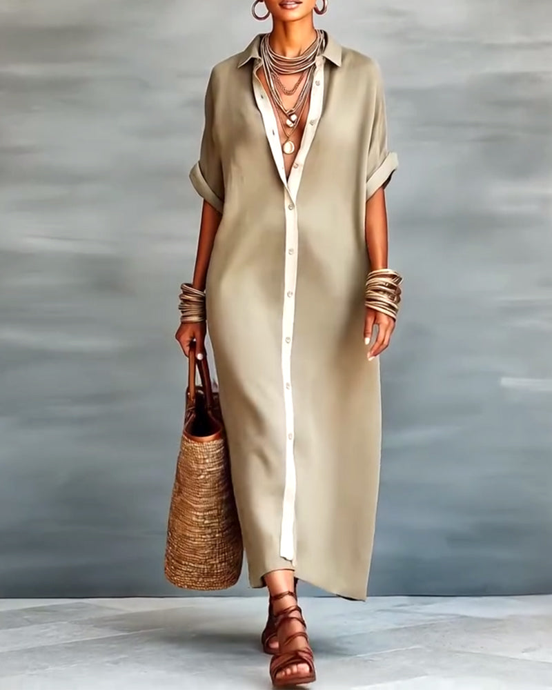 Elegant Lapel-Collar Draped Shirt Dress