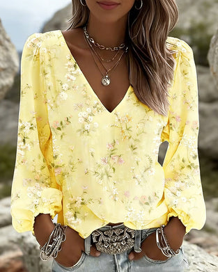 Floral V-Neck Puff-Sleeve Blouse