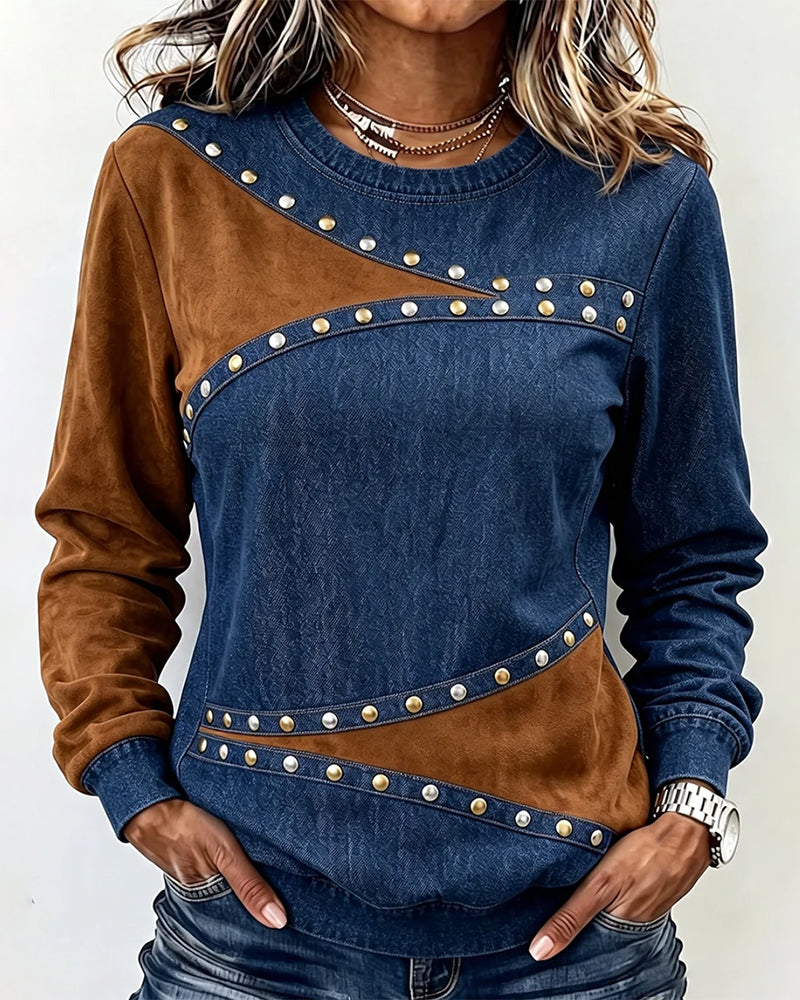 Crew Neck Denim Spliced Color Block Top