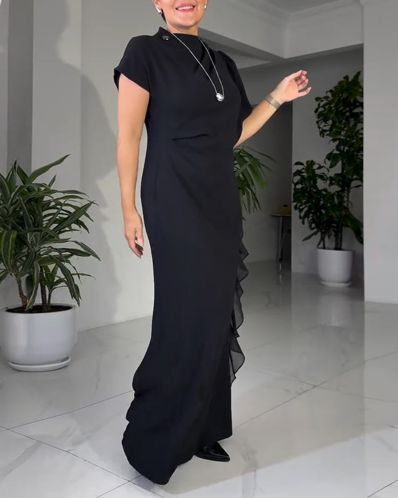 Solid Color Fashionable Ruffle Design Dress