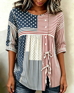 Flag Print Patchwork Tie Blouse