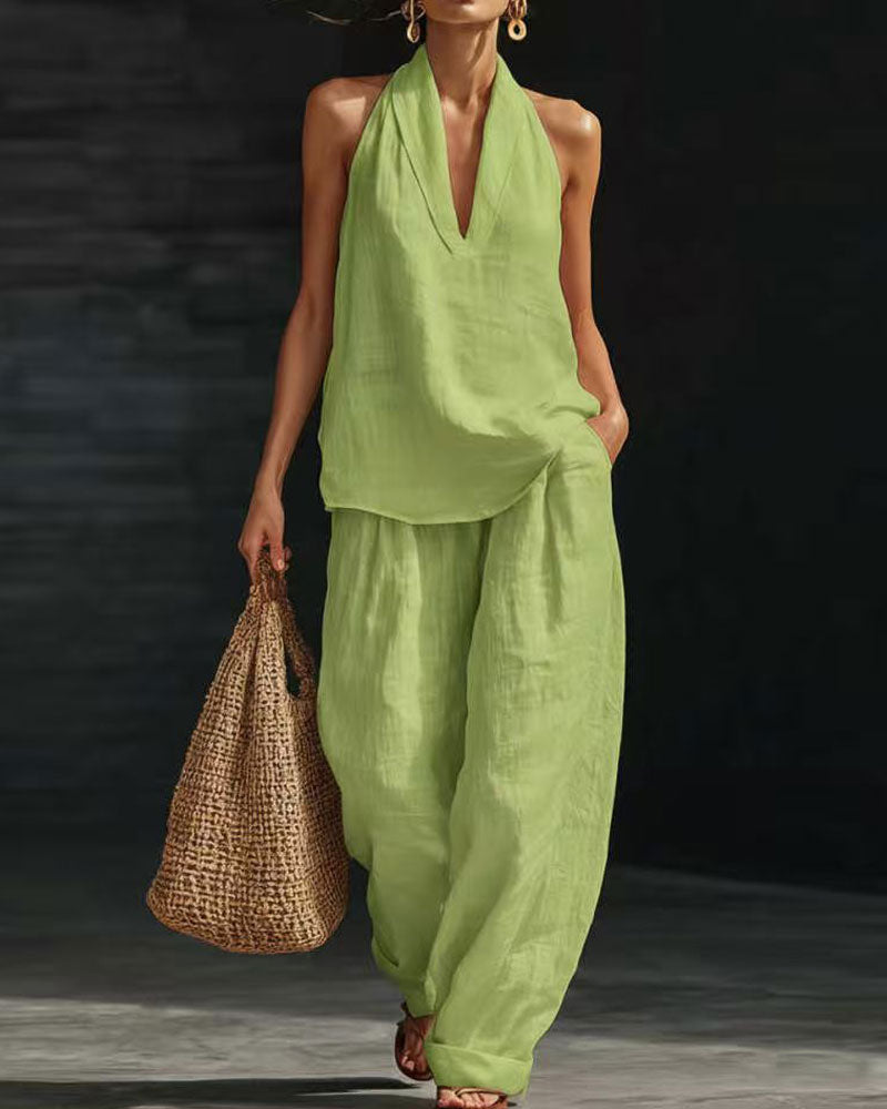 Linen Halter Neck Sleeveless Wide-Leg Pants Set