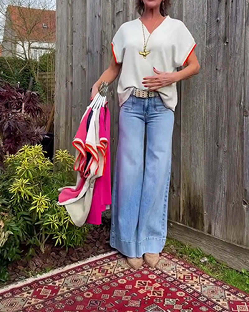 Loose V-Neck Color-Block T-Shirt