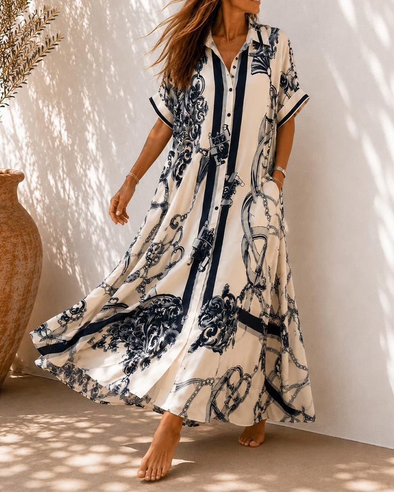 Vintage Scrollwork Lapel Shirt Dress