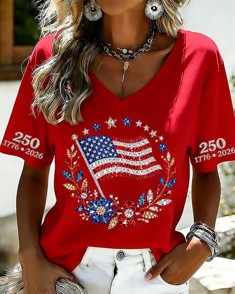 V-Neck Letter Floral Short Sleeve T-Shirt