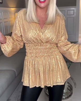 V-Neck Fitted Waist Solid Color Blouse