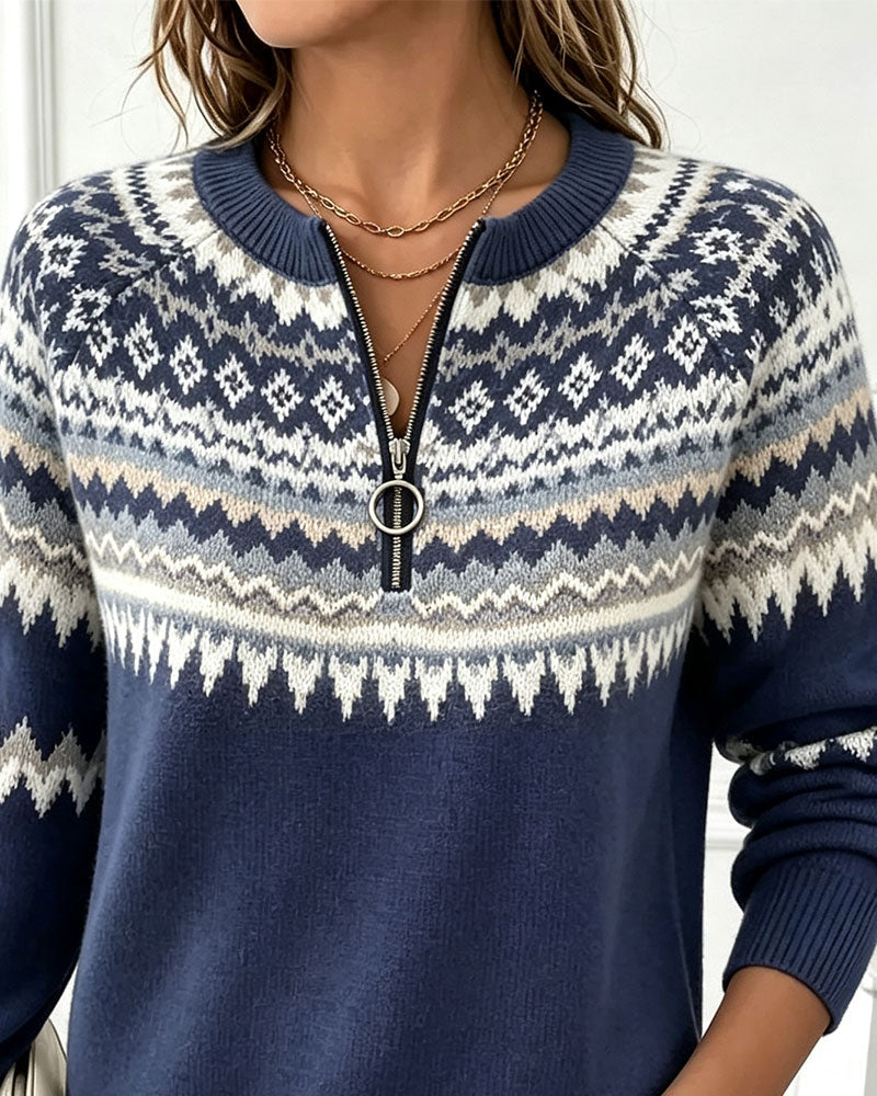Crew-Neck Zip-Up Diamond-Pattern Pullover