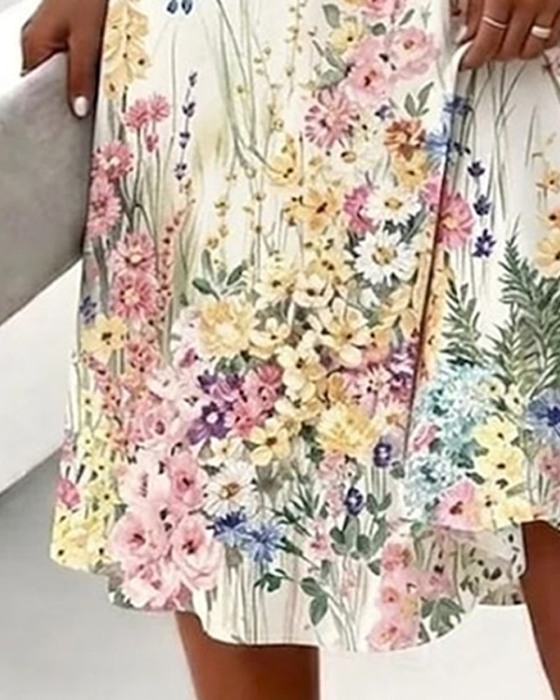 V-Neck Floral Short Sleeve A-Line Dress