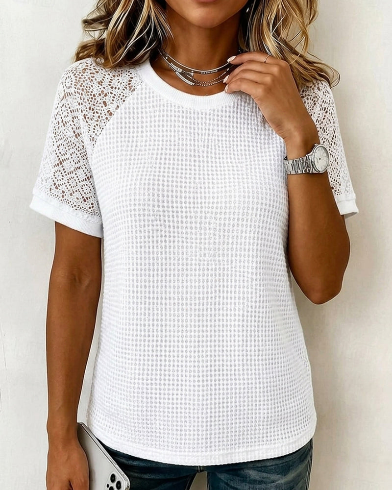 Crewneck Waffle Lace Patchwork T-Shirts