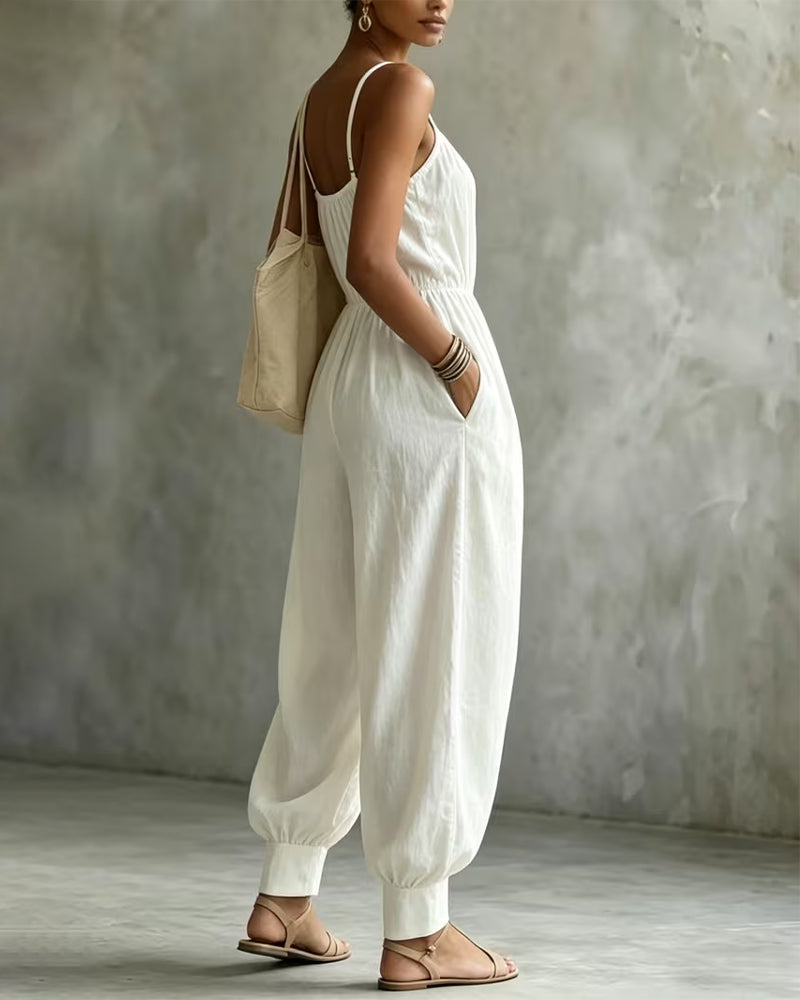 Spaghetti Strap Pleated Waist-Cinching Wide Leg Jumpsuit