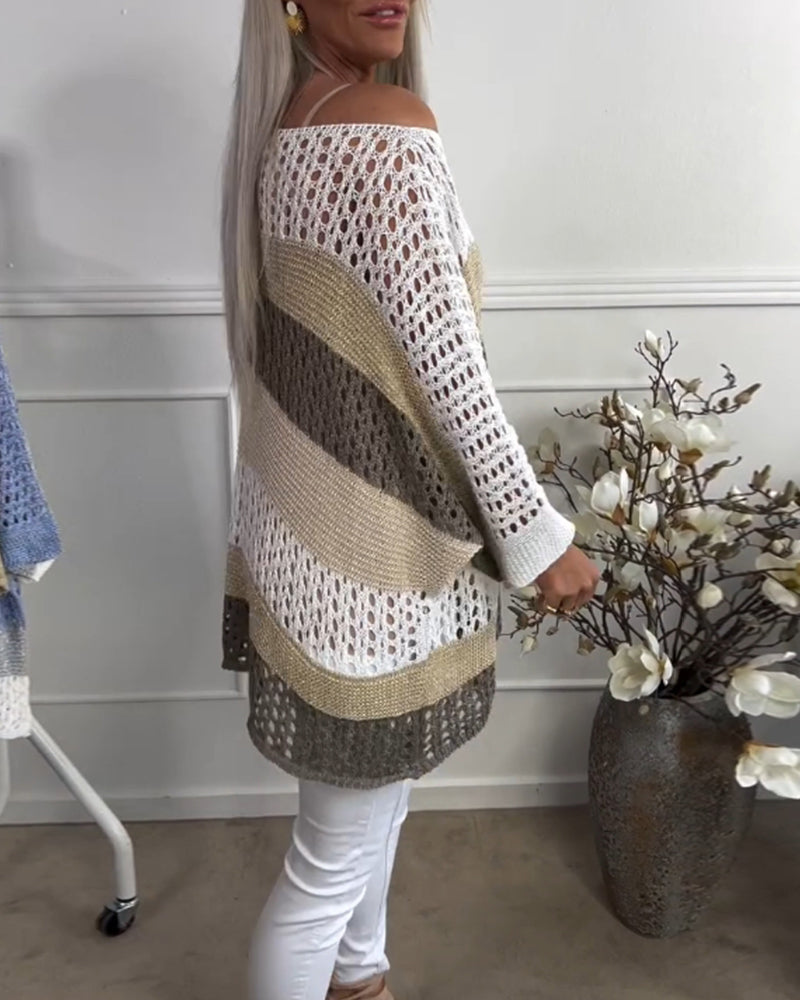 Casual color block hollow long sleeve pullover