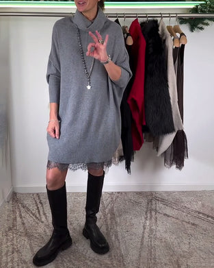 High Collar Bat Sleeve Suspenders Lace Mesh Dress Suit