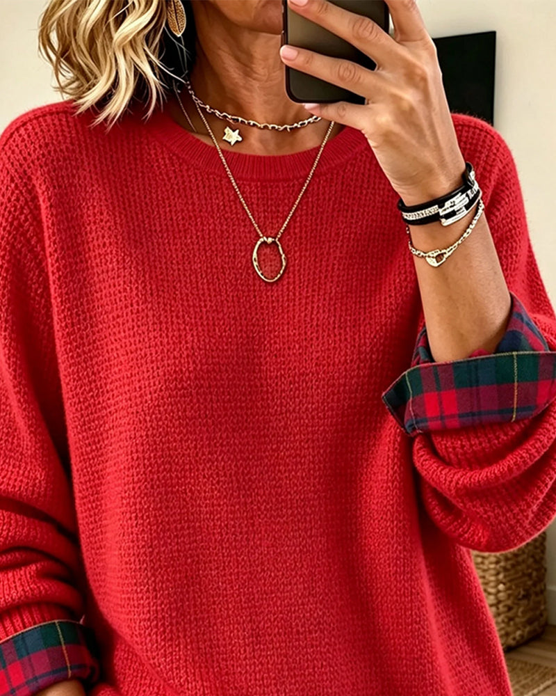 Round Neck Plaid Patchwork Fake Two Piece Pullover