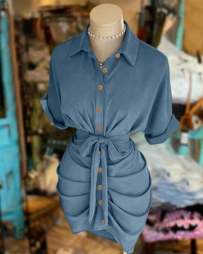 Tie Button Pleated Shirt Collar Dress