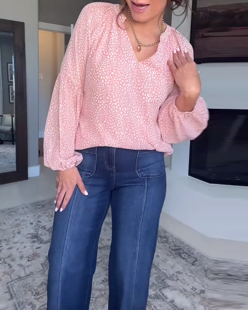 Printed Lantern Sleeve Long-Sleeved Blouse