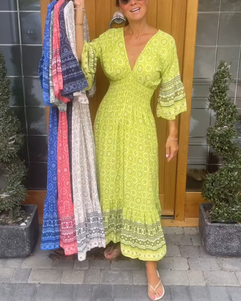 Deep V Flare Sleeve Long Dress