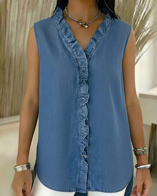 Ruffle V-Neck Sleeveless Denim Tank Top