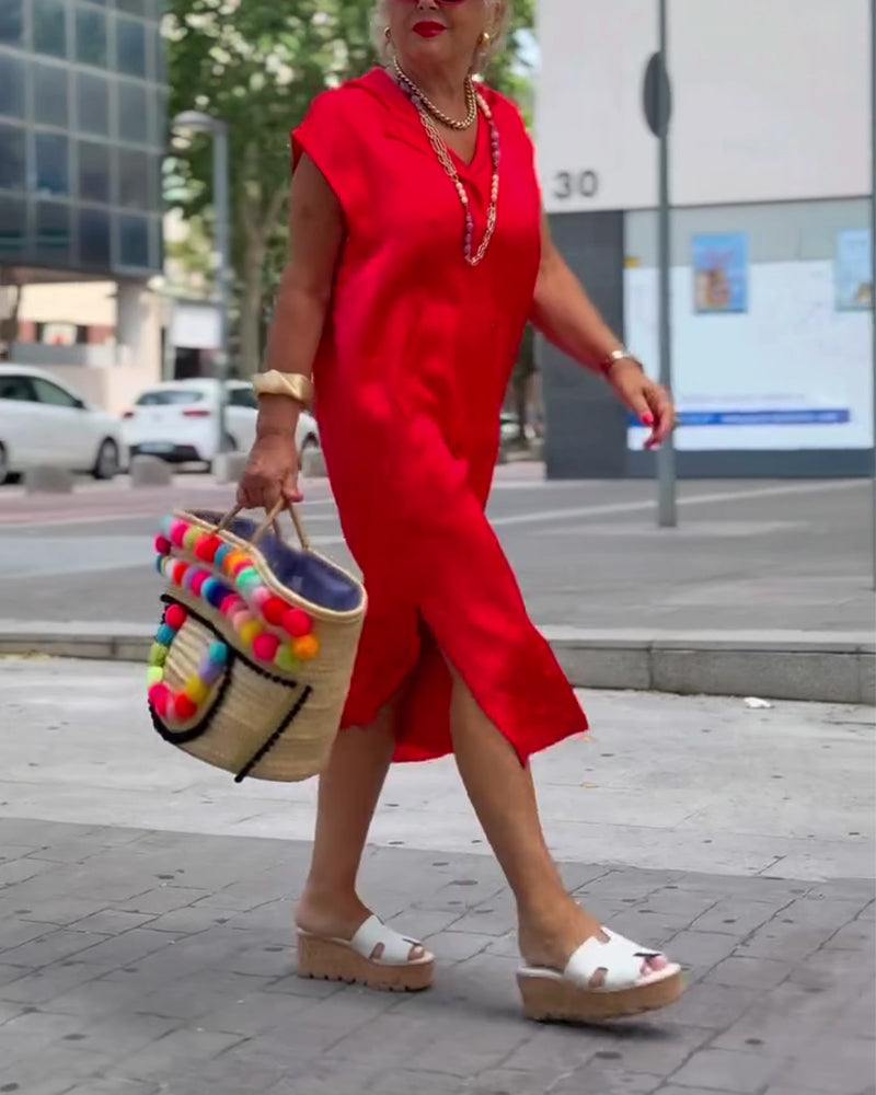 Lapel Sleeveless Slit Solid Dress