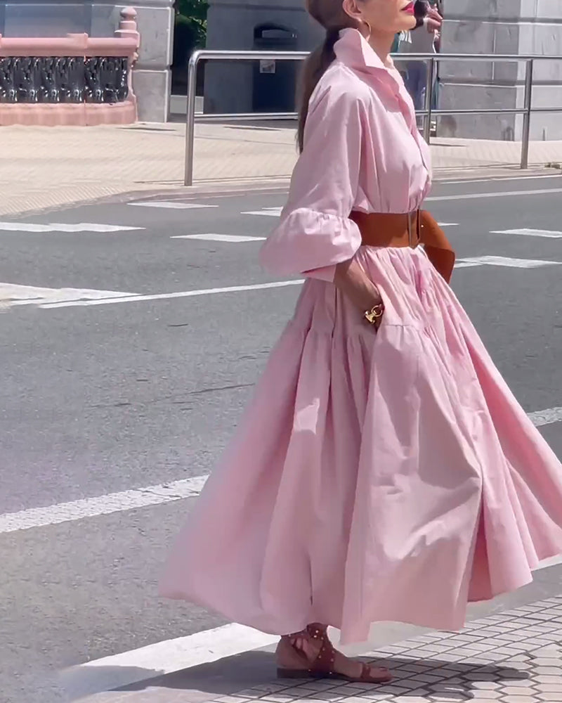 Solid color lapel wide swing dress