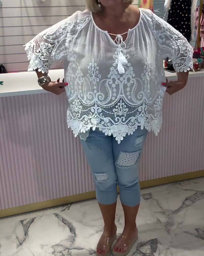 Lace-Up See-Through Lace Patchwork Blouse