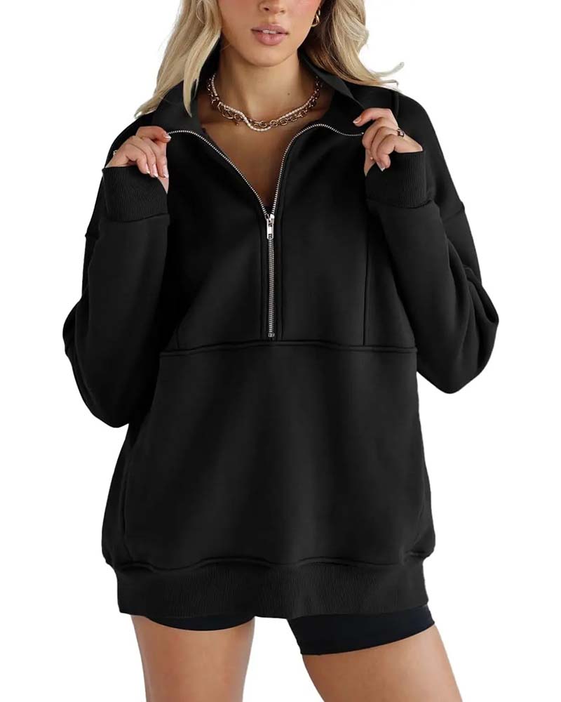 Solid Color Lapel Zipper Sweatshirt