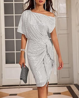 V-neck off-shoulder sequined elegant dress
