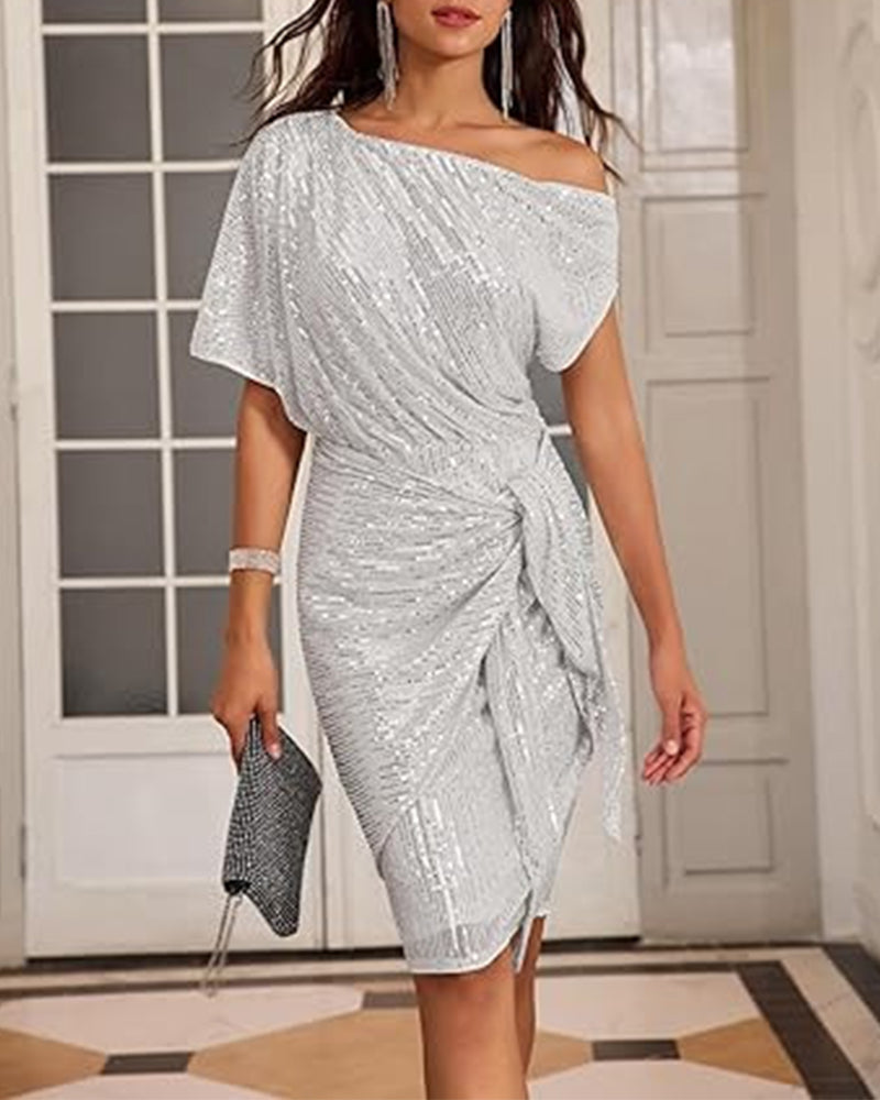 V-neck off-shoulder sequined elegant dress