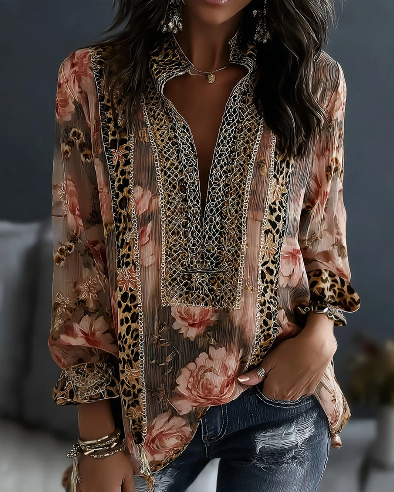 Floral Leopard Long Sleeve Blouse