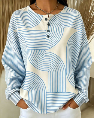 Crewneck Button Striped Loose Sweatshirt