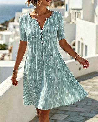 V-Neck Button Polka-Dot Striped Dress