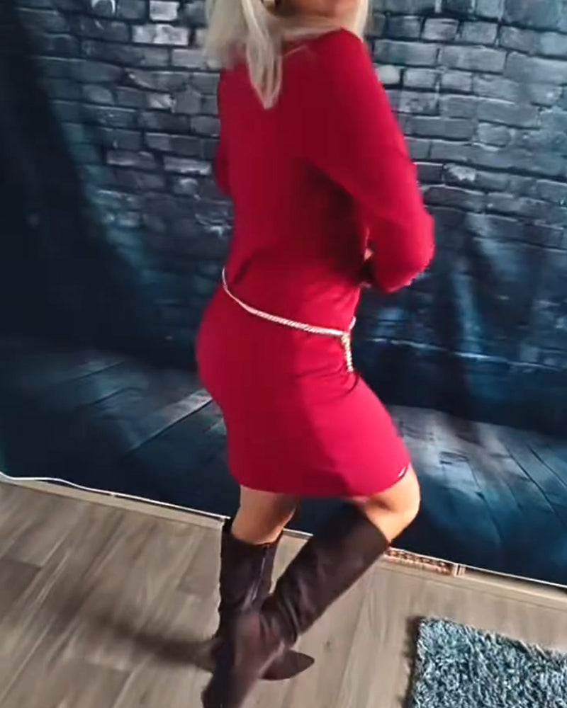 V-Neck Long-Sleeved Fashion Dress