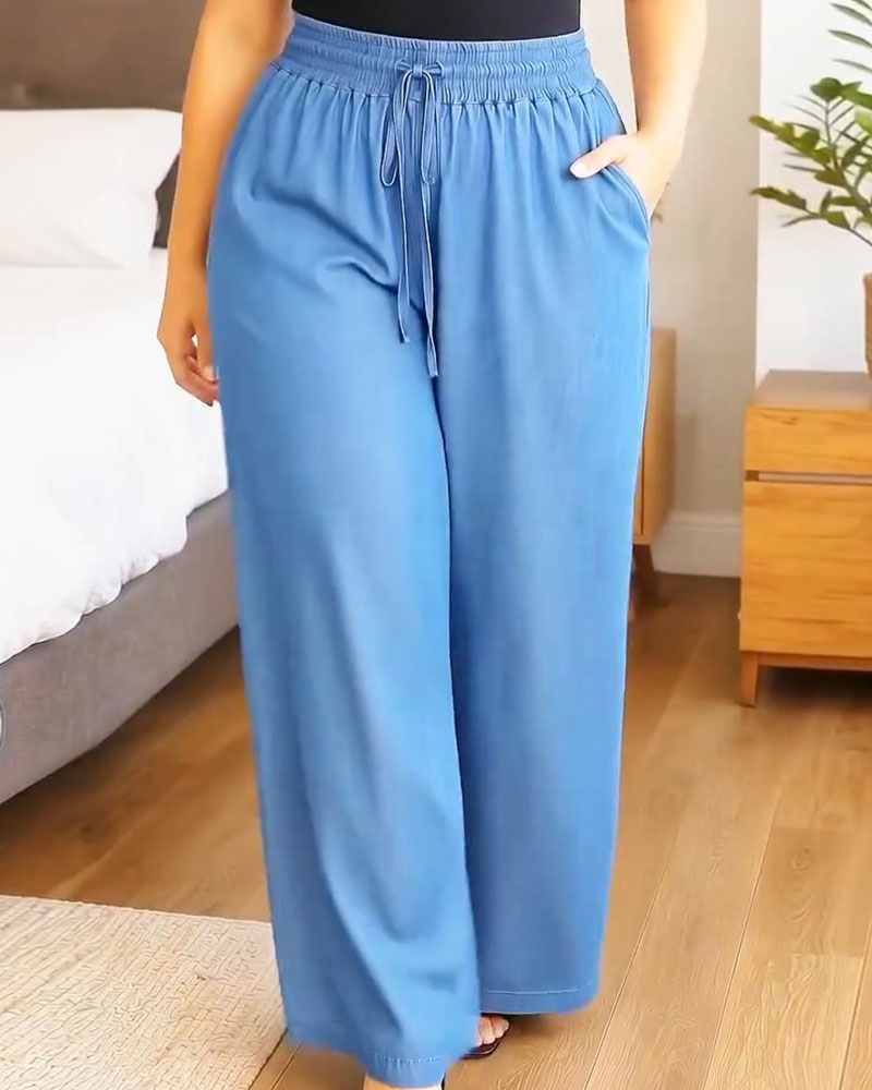 Elastic Waist Drawstring Solid Wide Leg Long Pant