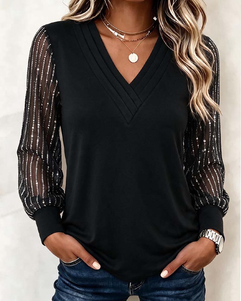 V-Neck Mesh Long-Sleeved Patchwork Top
