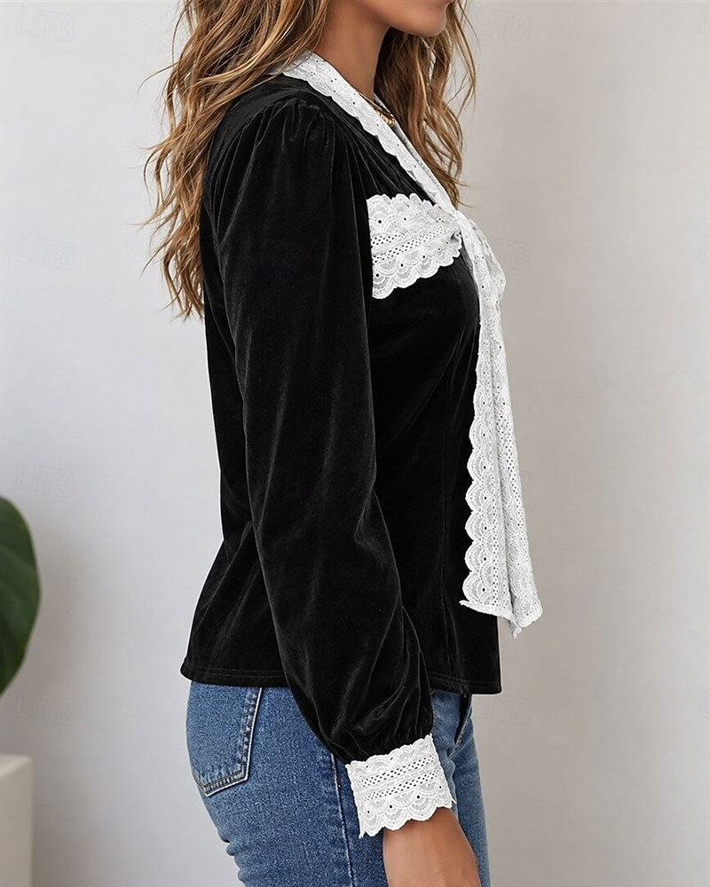 V-Neck Bow Patchwork Top