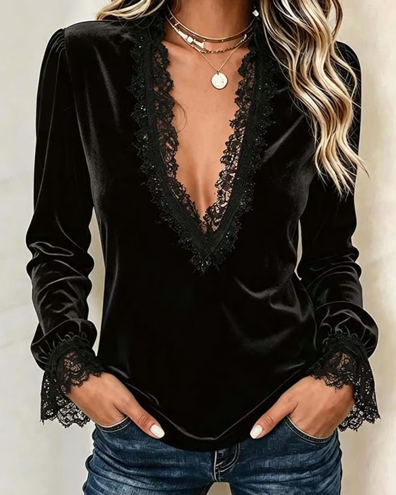 Lace Patchwork V-Neck Ruffle Top