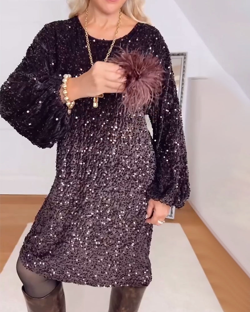 Lantern Sleeve Loose Sequined Dress