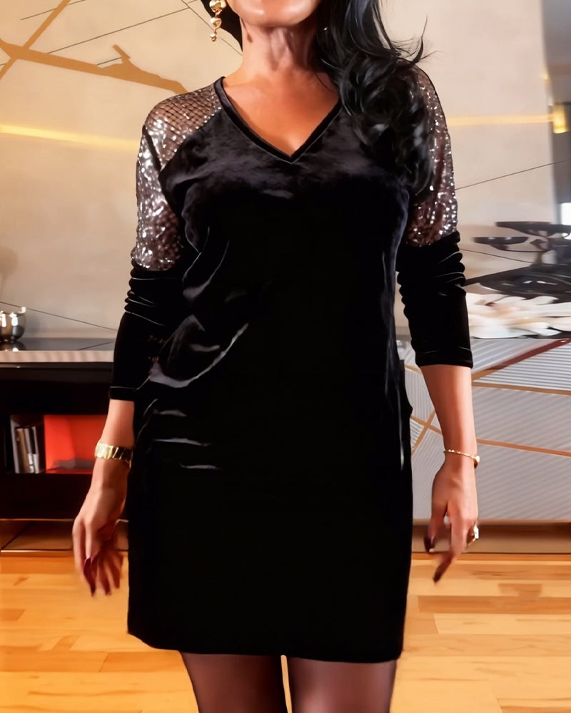 Fashionable Velvet Patchwork Long-Sleeved Dress