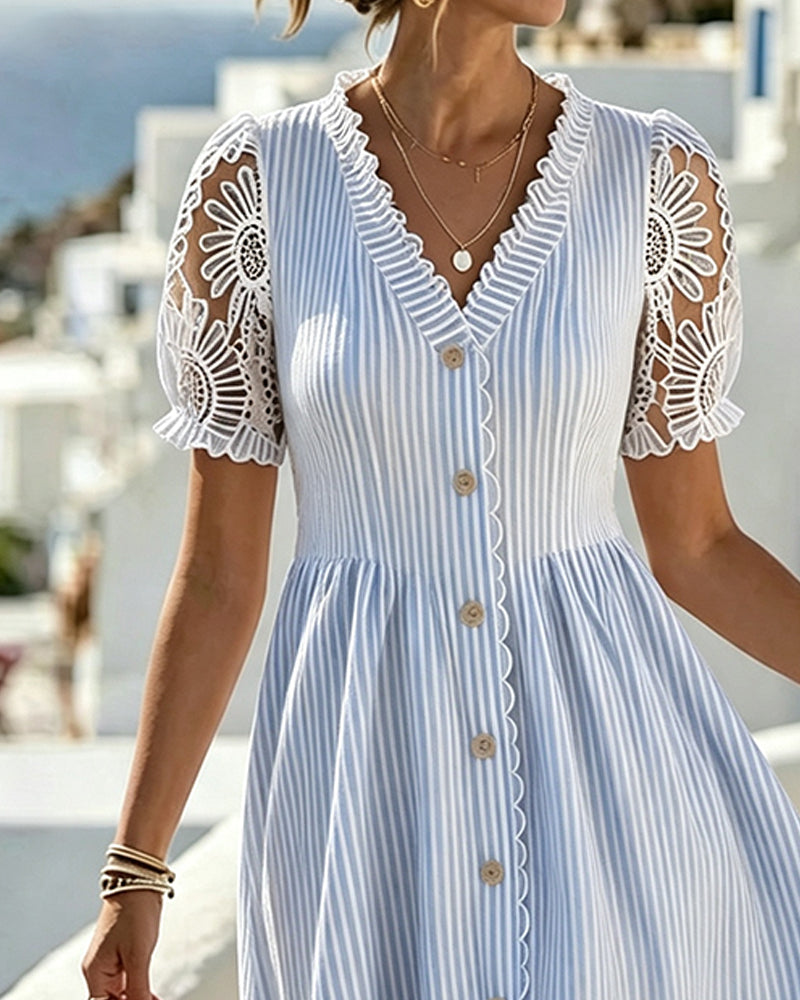 V-Neck Stripe Button Lace Bubble Sleeve Dress