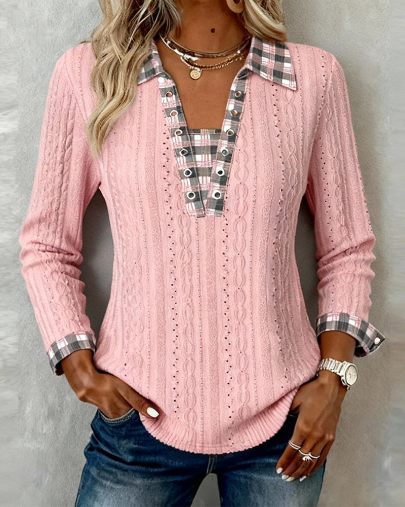 Plaid Color-Blocked Long-Sleeved Top