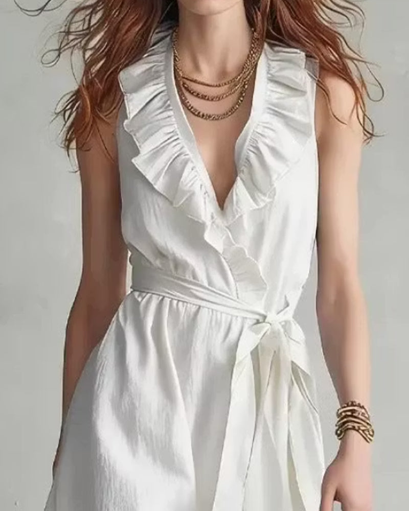 V-Neck Sleeveless Ruffled Tie-Front Dress