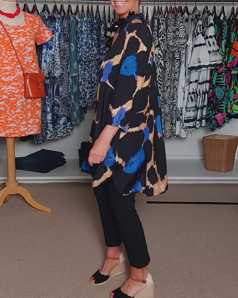 Contrast color print V-neck casual long-sleeve blouse