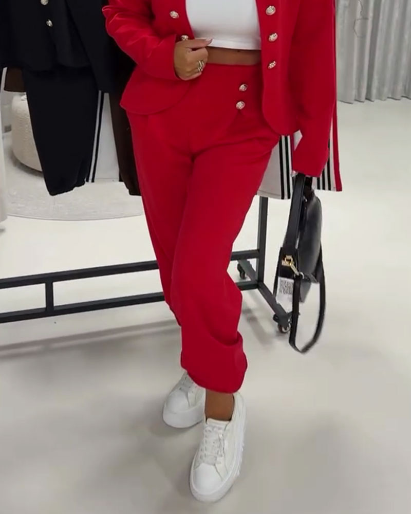 Solid Color High Waist Casual Button Pants