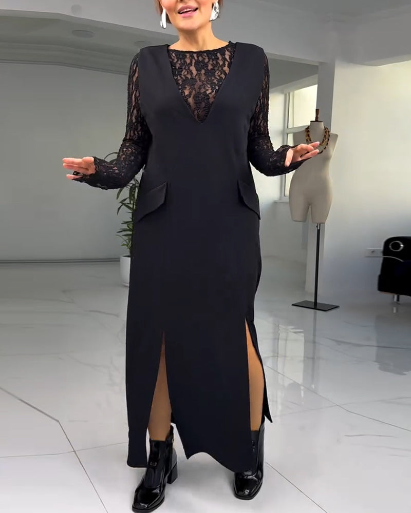 European And American Lace Stitching Slit Dress