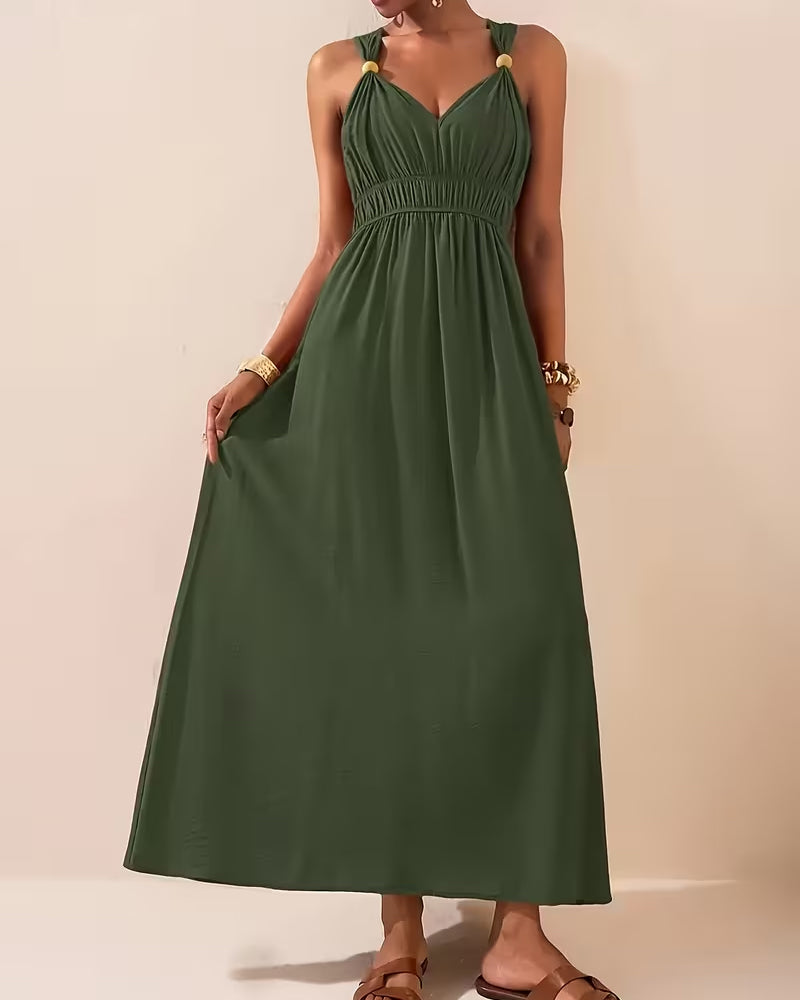 Sleeveless Shirred Suspender Waist-Cinching Dress