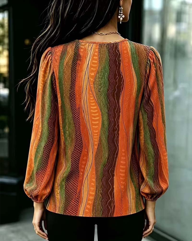 V-neck Puff Sleeve Color-Block Long-Sleeve Top