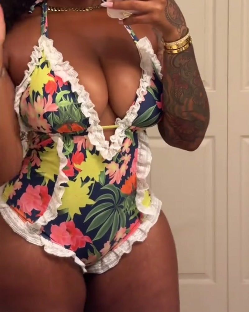 Elegant Printed Lace One-Piece Swimsuit