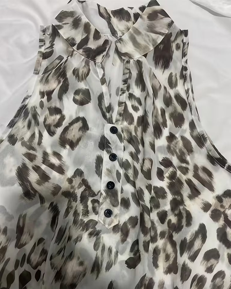 Leopard Print Mandarin Collar Ruffle Dress