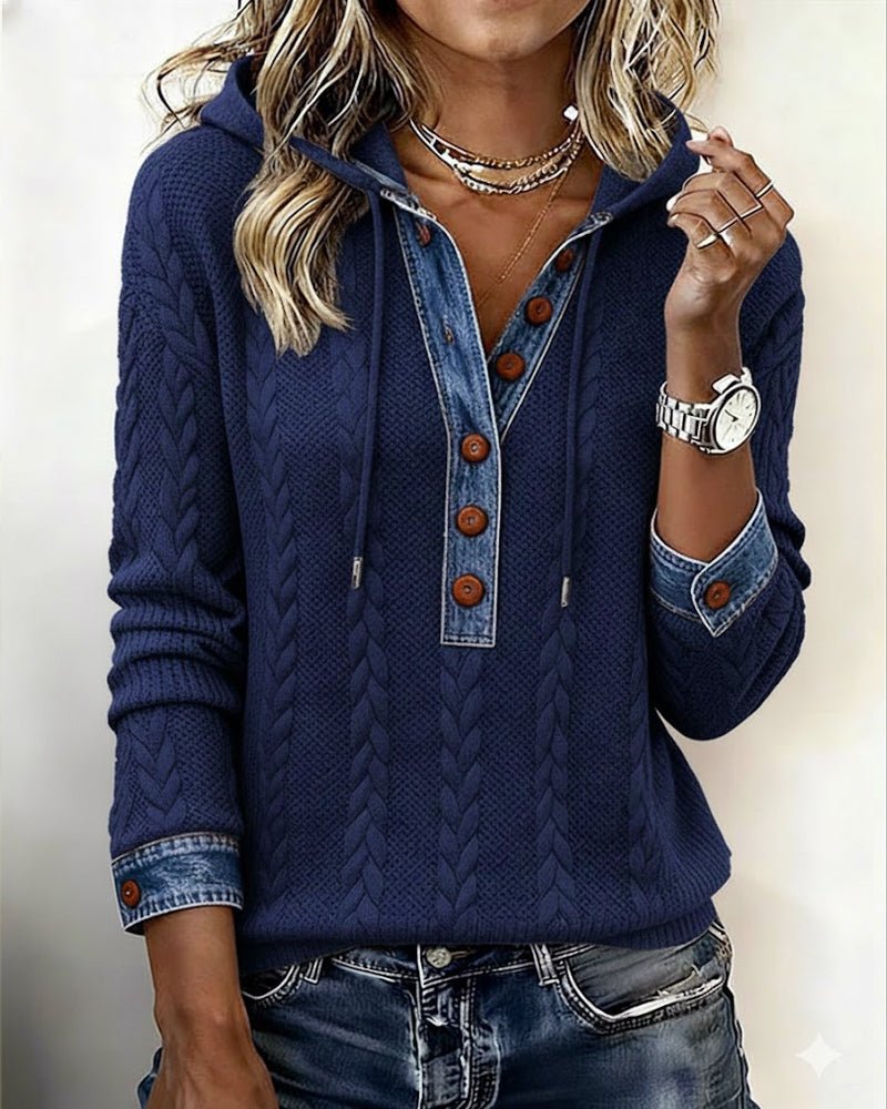 Color-Blocked Button Long-Sleeved Hooded