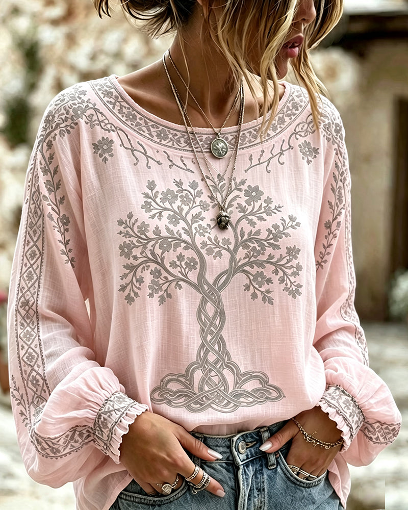 Crew Neck Tree Print Casual Blouse