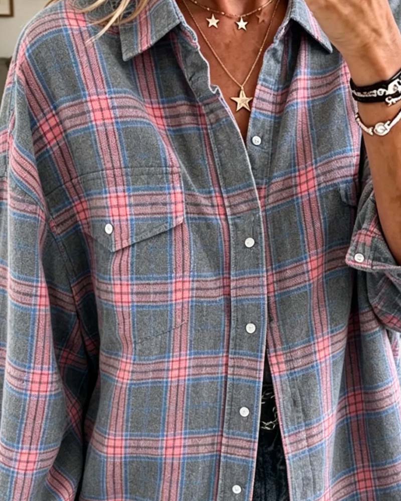 Pocket Plaid Long Sleeve Loose Shirt